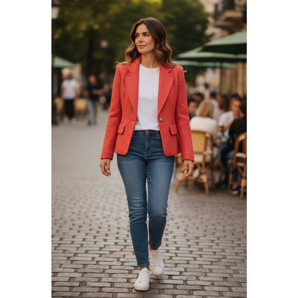 St. John Metallic Single Button Tweed Blazer Coral Size 12 - Picture 2 of 11